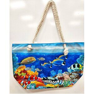 Beach Bag, Under The Sea Print, Nautical Rope Handles, Large